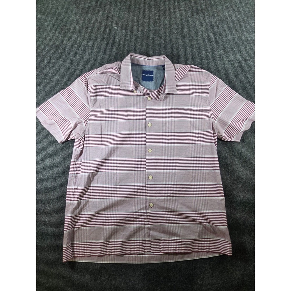 Tommy Bahama Mens Short Sleeve Striped Button Down Shirt Burgundy White Grey XL